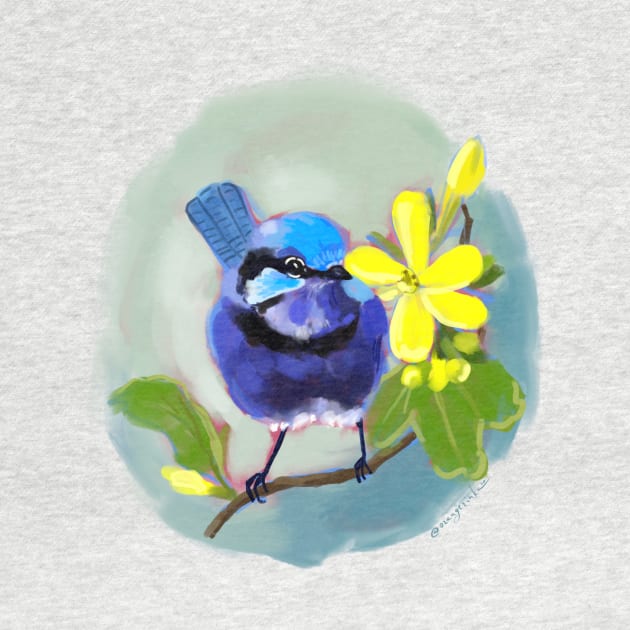 Splendid fairywren on golden currant branch by Orangerinka